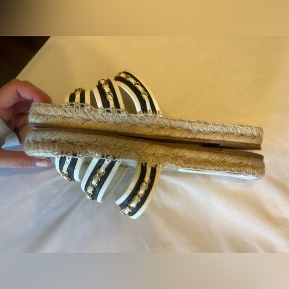 Chanel Gold Chain Espadrille Sandals | Black White Leather | Size 39 - Picture 3 of 10